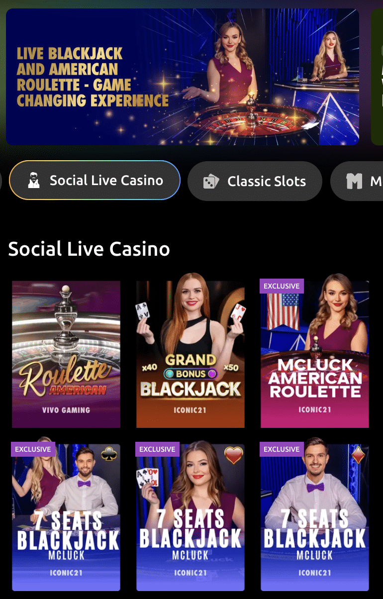 McLuck live casino and dealer games